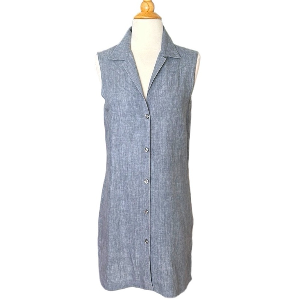 ELLEN TRACY Blue Linen Shirtdress Casual Lounge Sleeveless Button Front, Size 8 - Picture 13 of 13
